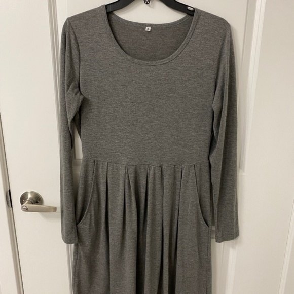 Women's Long Sleeve Pleated Shirt Dress. Dark Gray. Medium. Dark Academia. - Picture 4 of 13